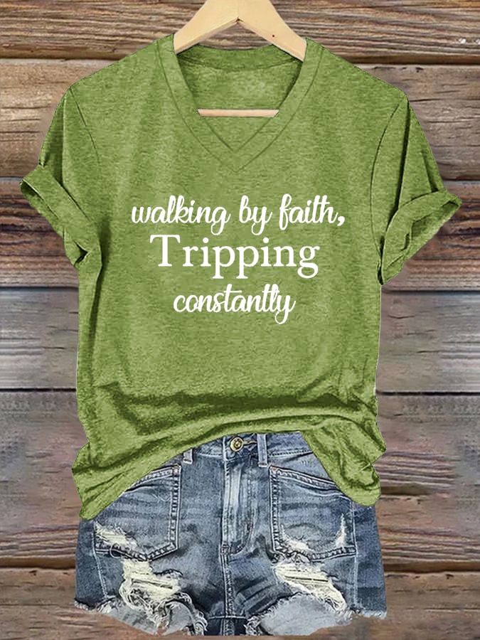 Women's Walking By Faith Tripping Constantly Print T-Shirt