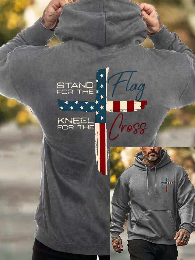 Men's Stand For The Flag Kneel For The Cross Printed Casual Hoodie