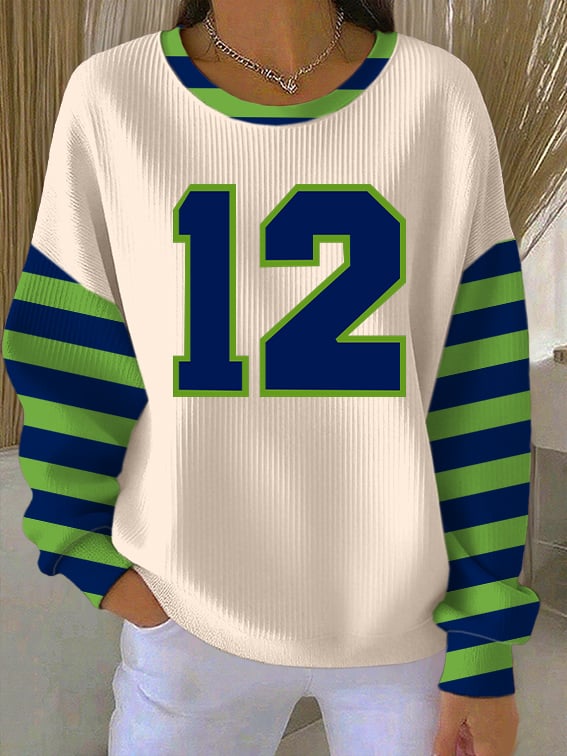 Women's Rugby Print Knit Crew Neck Long Sleeve Top