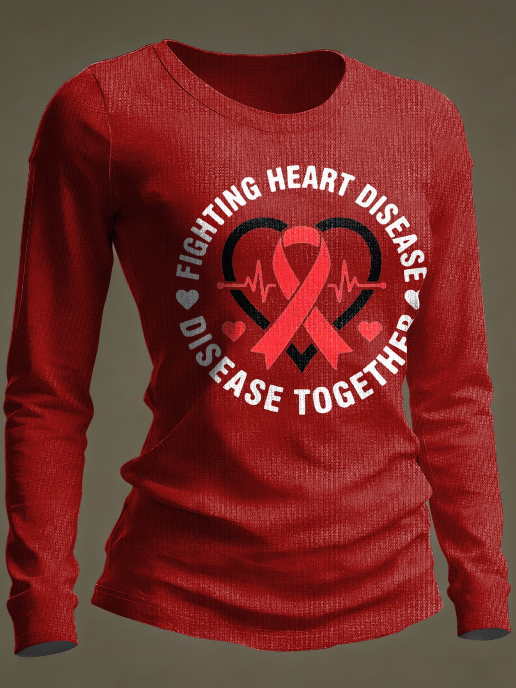 Women's Casual Heart Disease Awareness Print Long-Sleeve T-Shirt