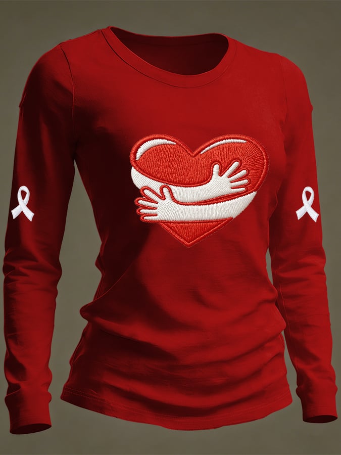 Women's Casual Heart Disease Awareness Print Long-Sleeve T-Shirt