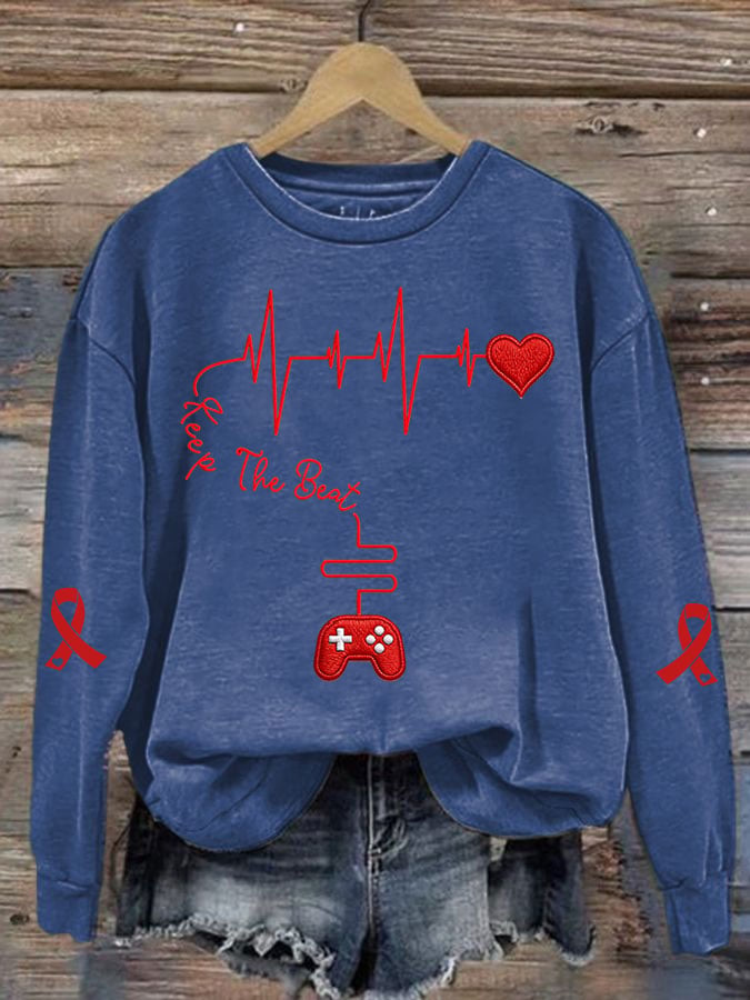 Women's Casual Heart Disease Awareness Keep The Beat Printed Long-Sleeve Sweatshirt