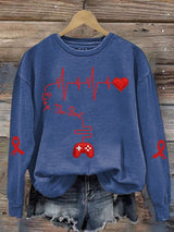 Women's Casual Heart Disease Awareness Keep The Beat Printed Long-Sleeve Sweatshirt