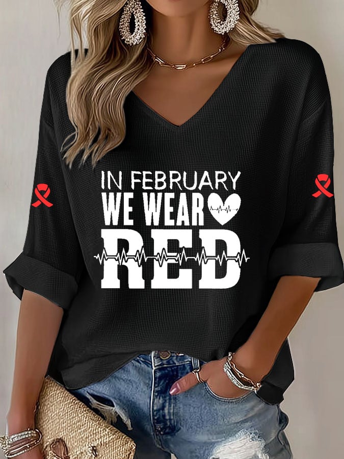 Women'S Casual Heart Disease Awareness Print Short-Sleeved T-Shirt