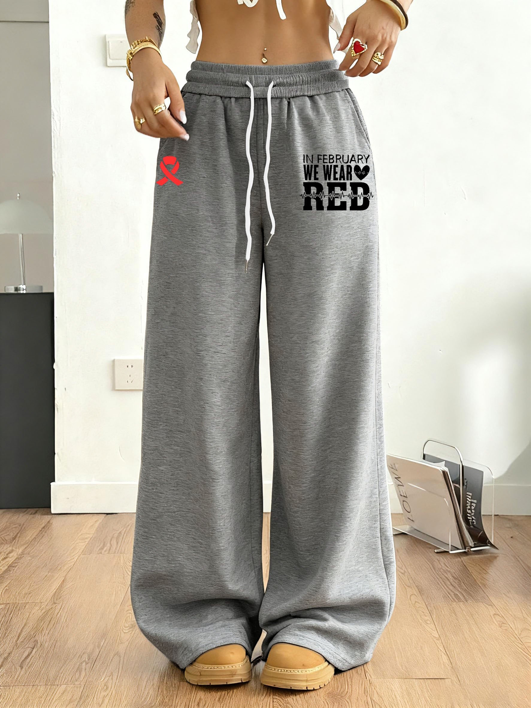 Women's Heart Disease Awareness Print Casual Trousers