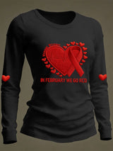 Women's Casual Heart Disease Awareness Print Long-Sleeve T-Shirt