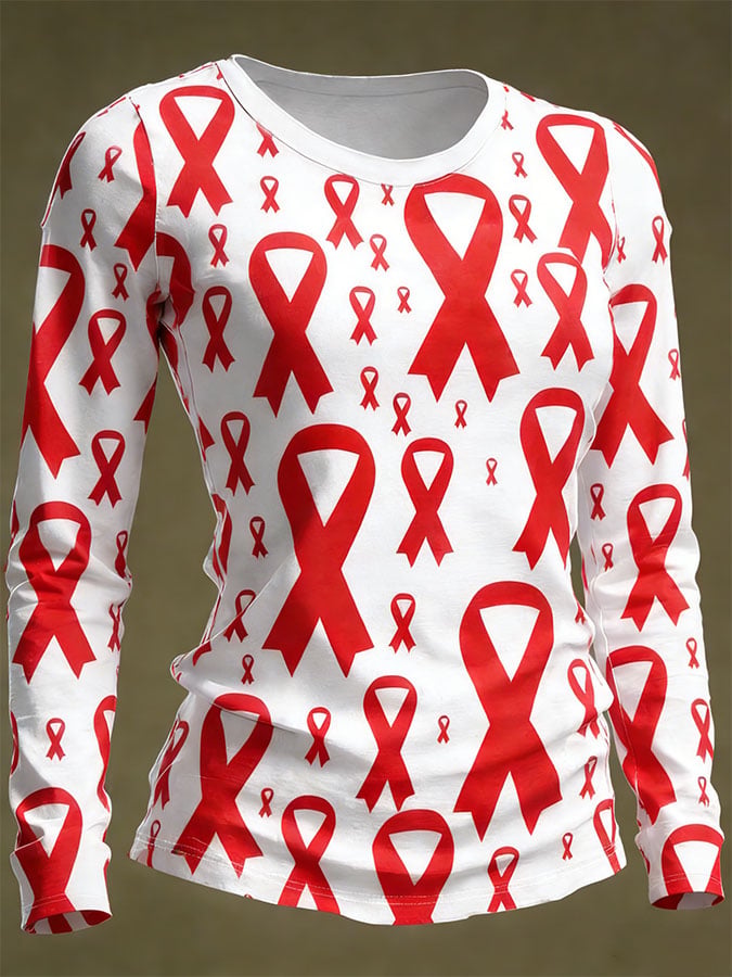 Women's Casual Heart Disease Awareness Print Long-Sleeve T-Shirt