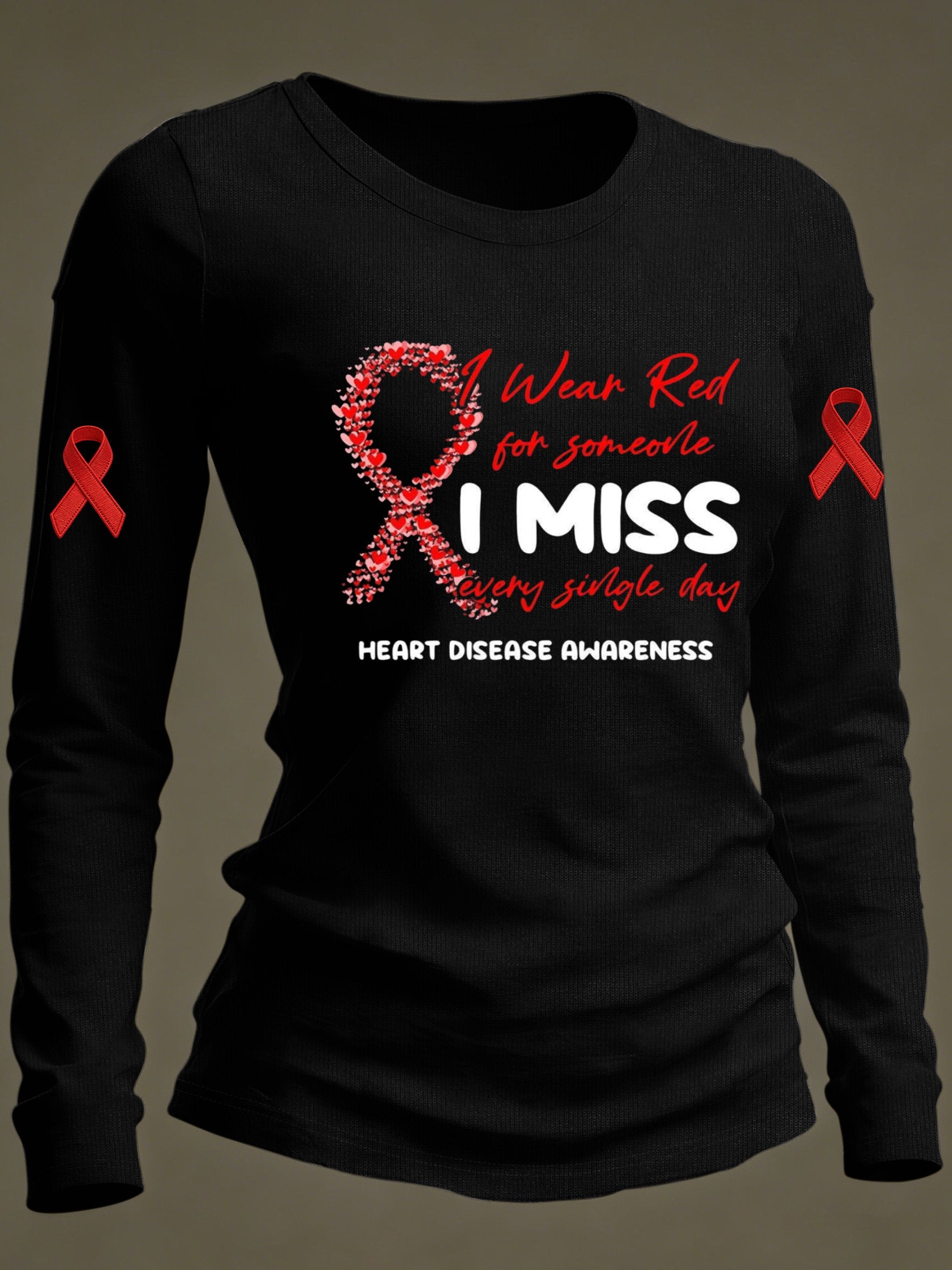 Women's casual long-sleeved T-shirt for heart disease awareness