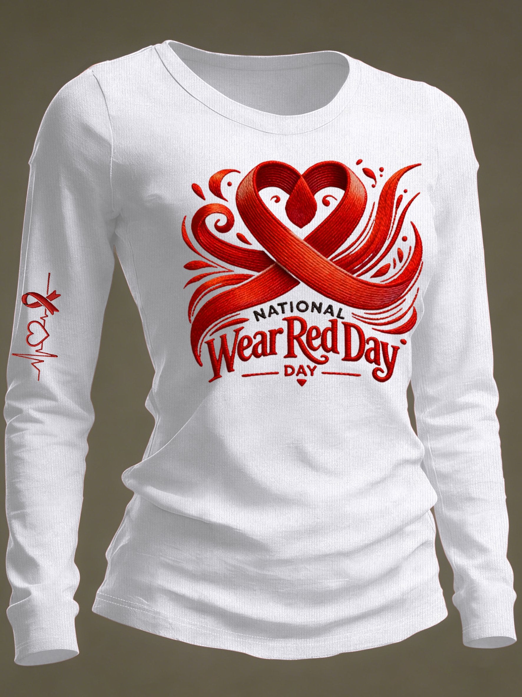 Women's Casual Heart Disease Awareness Print Long-Sleeve T-Shirt