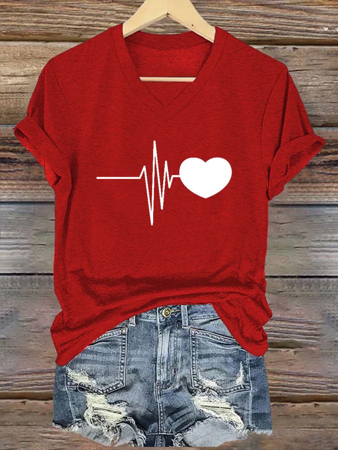 Women's Casual Heart Disease Awareness Printed Short-Sleeve T-Shirt