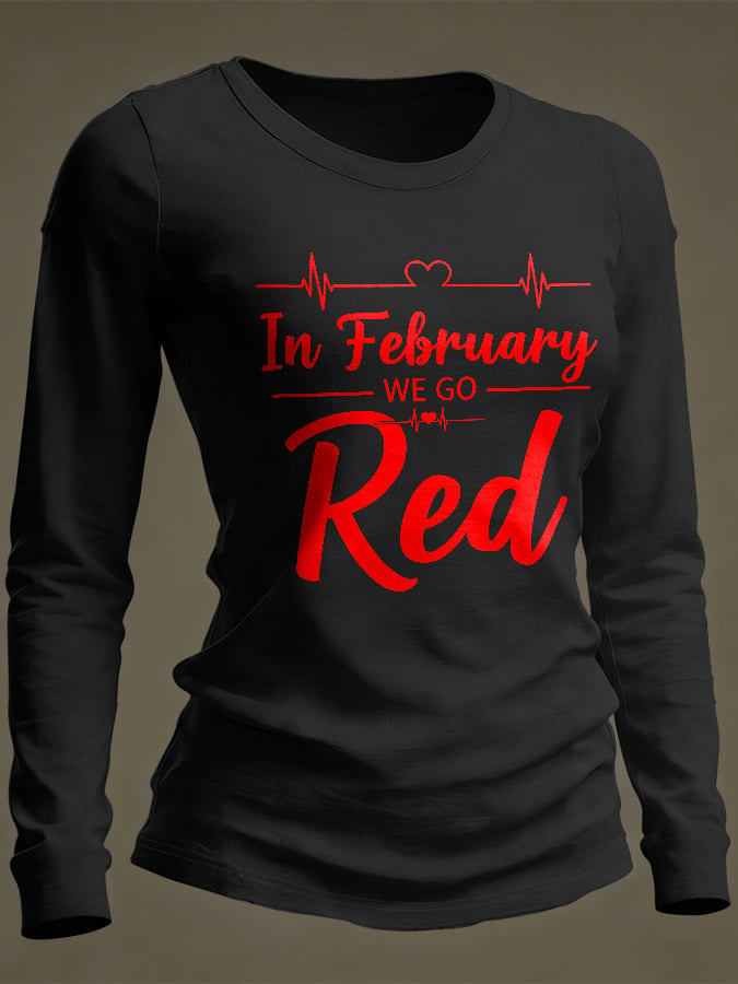 Women's Casual Heart Disease Awareness Print Long-Sleeve T-Shirt