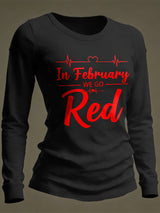 Women's Casual Heart Disease Awareness Print Long-Sleeve T-Shirt