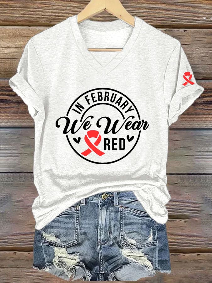 Women's Casual Heart Disease Awareness Printed Short-Sleeve T-Shirt