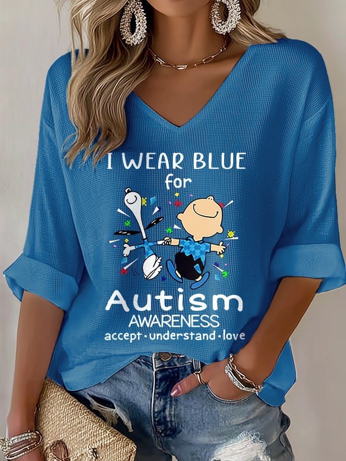 V-Neck Retro Autism Awareness I Wear Blue For Autism Accept, Understand, Love Print T-Shirt