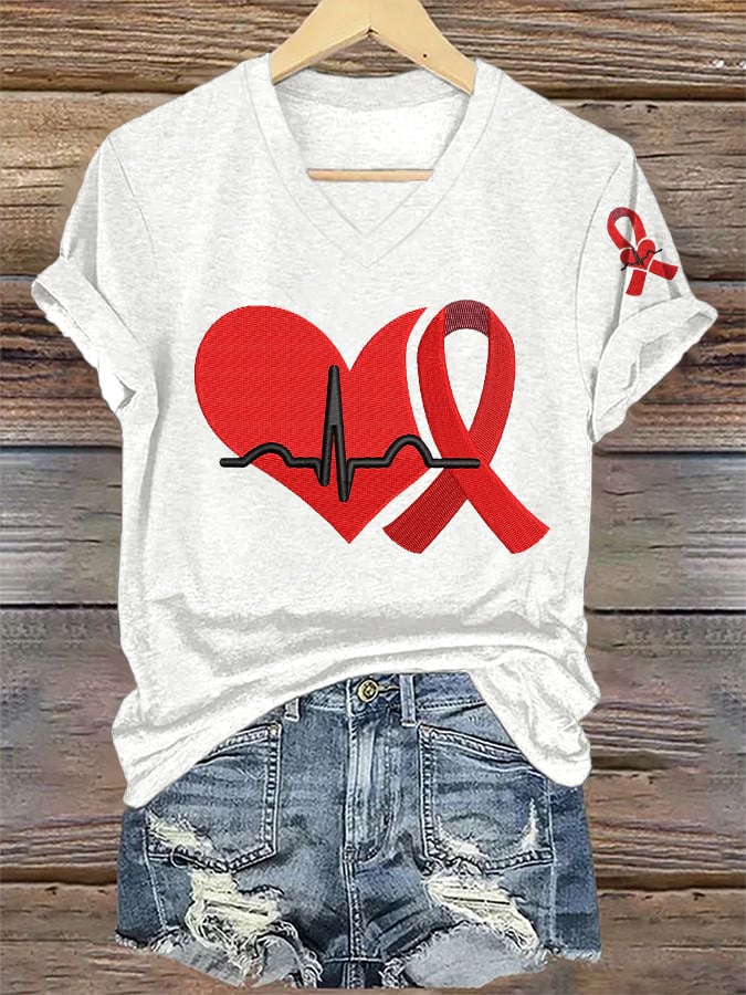 Women's Casual Heart Disease Awareness Printed Short-Sleeve T-Shirt