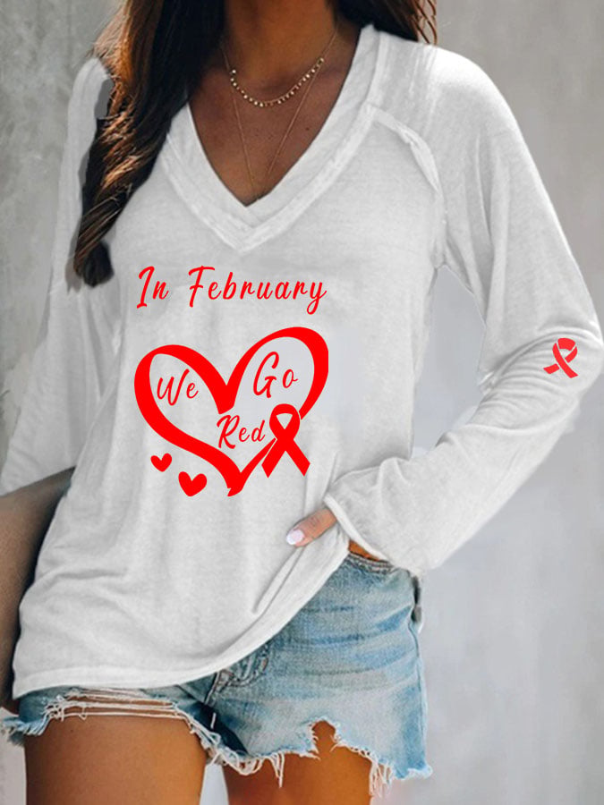 Women's Casual Heart Disease Awareness Printed Long Sleeve Top