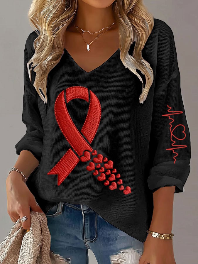 Women's Heart Disease Awareness Print Waffle Long Sleeve T-Shirt