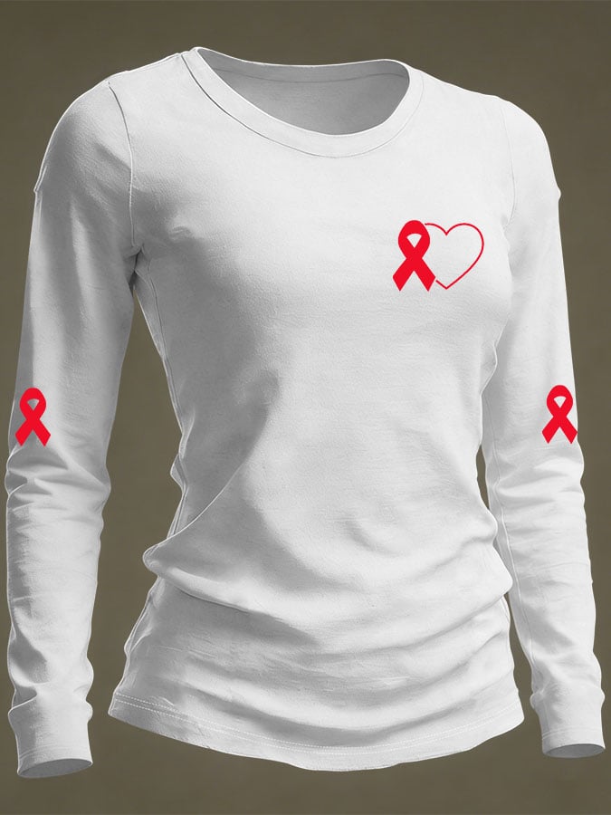Women's Casual Heart Disease Awareness Print Long-Sleeve T-Shirt