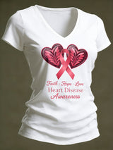 Women's Casual Heart Disease Awareness Printed Short-Sleeve T-Shirt