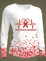 Women's Casual Heart Disease Awareness Print Long-Sleeve T-Shirt