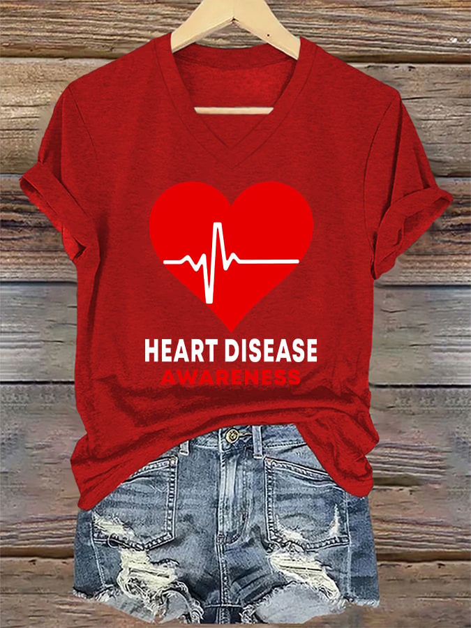 Women's Casual Heart Disease Awareness Printed Short-Sleeve T-Shirt