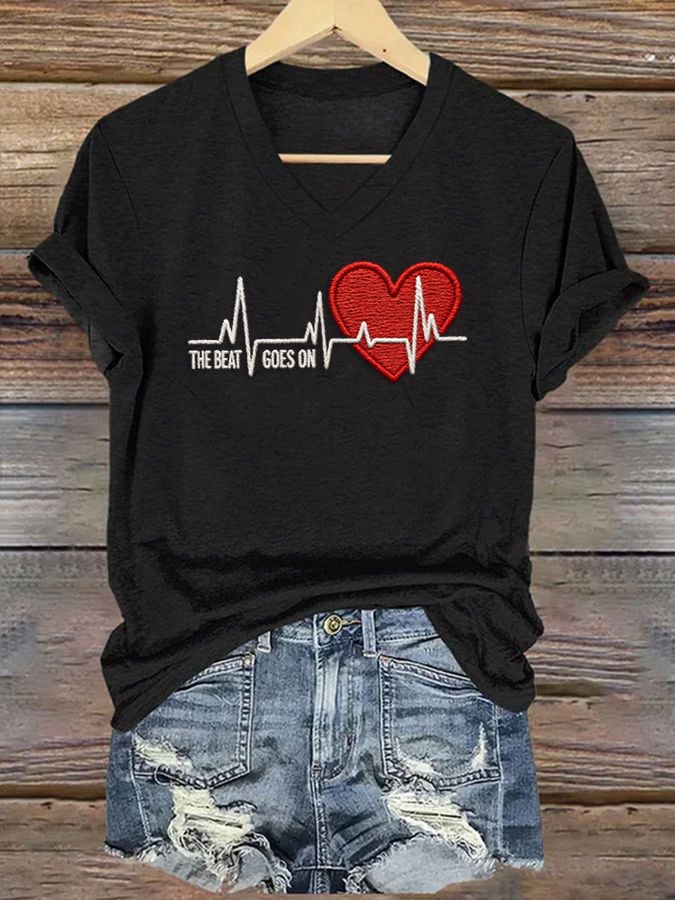 Women's Casual Heart Disease Awareness T-shirt (THE BEAT GOES ON)