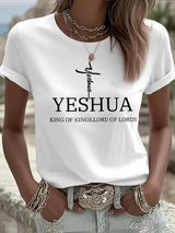 Women's Retro Faith "Yeshua King OF Kings Lord Of Lords" Design Printed Round Neck T-Shirt