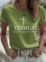 Women's Retro Faith "Yeshua King OF Kings Lord Of Lords" Design Printed Round Neck T-Shirt
