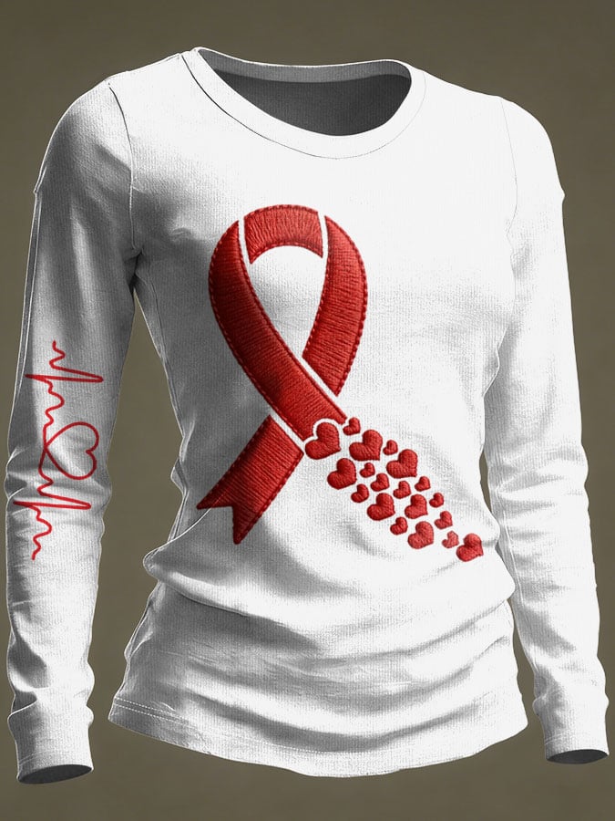 Women's Casual Heart Disease Awareness Print Long-Sleeve T-Shirt