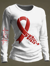 Women's Casual Heart Disease Awareness Print Long-Sleeve T-Shirt