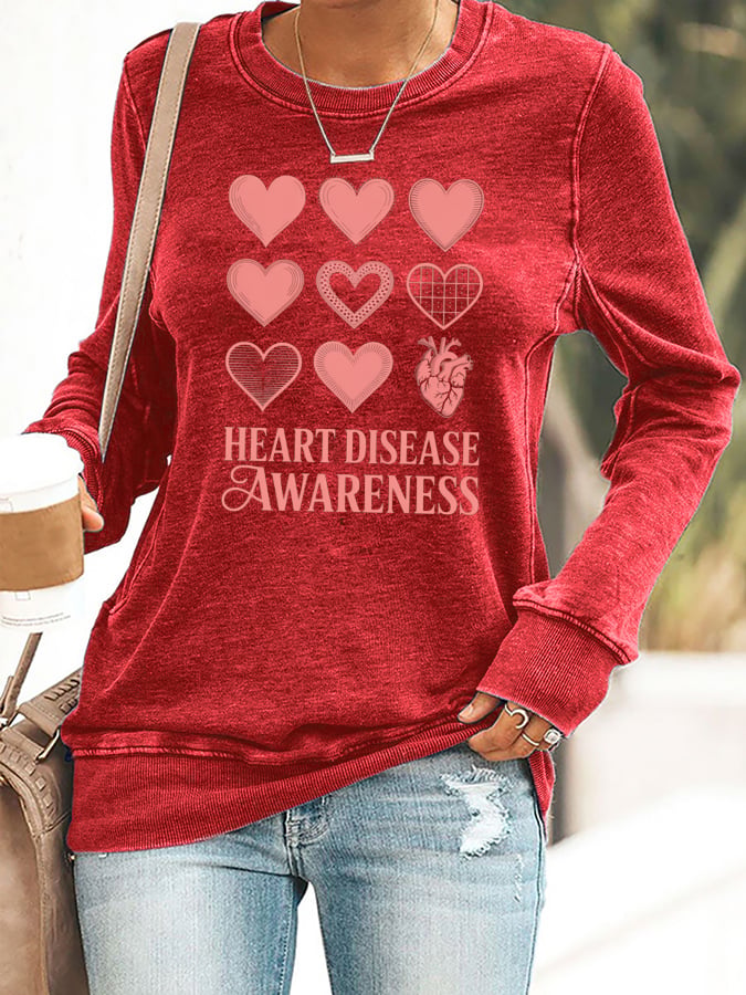 Women's Casual Heart Disease Awareness Printed Sweatshirt