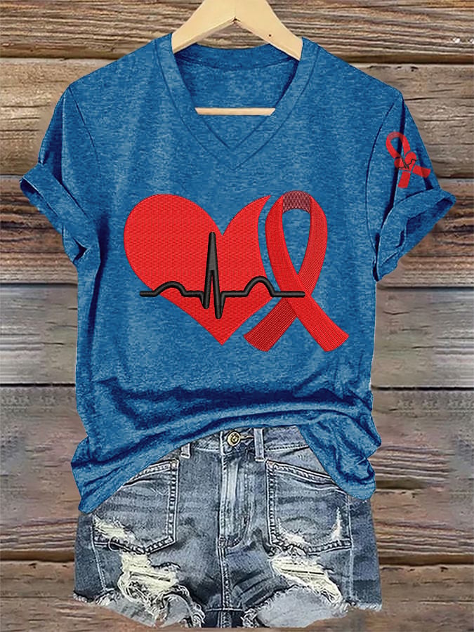Women's Casual Heart Disease Awareness Printed Short-Sleeve T-Shirt