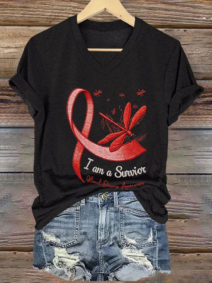 Women's Casual Heart Disease Awareness Printed Short-Sleeve T-Shirt