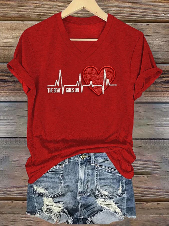 Women's Casual Heart Disease Awareness T-shirt (THE BEAT GOES ON)