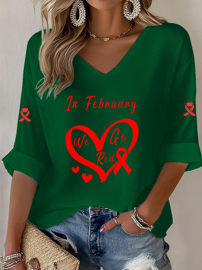 Women'S Casual Heart Disease Awareness Print Short-Sleeved T-Shirt