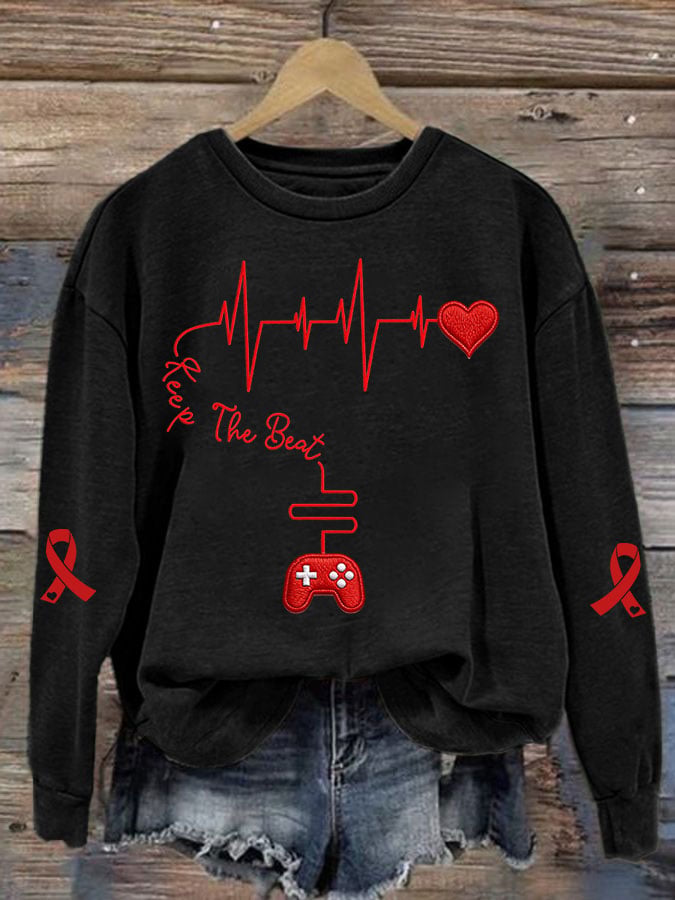 Women's Casual Heart Disease Awareness Keep The Beat Printed Long-Sleeve Sweatshirt