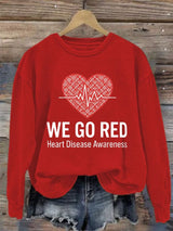 Women's Casual Heart Disease Awareness In February Wear Red Printed Long-Sleeve Sweatshirt