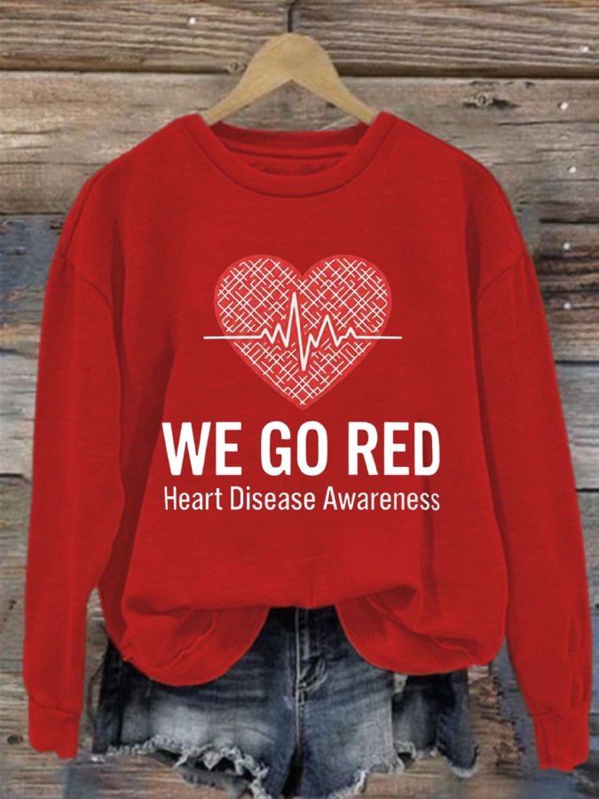 Women's Casual Heart Disease Awareness In February Wear Red Printed Long-Sleeve Sweatshirt