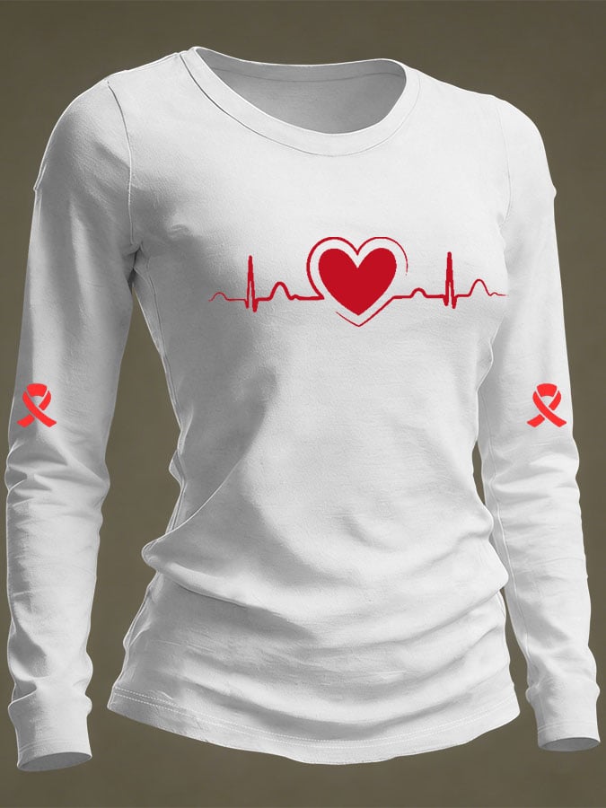 Women's Casual Heart Disease Awareness Print Long-Sleeve T-Shirt