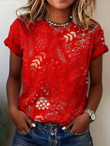 Women's casual red T-shirt with abstract floral art design