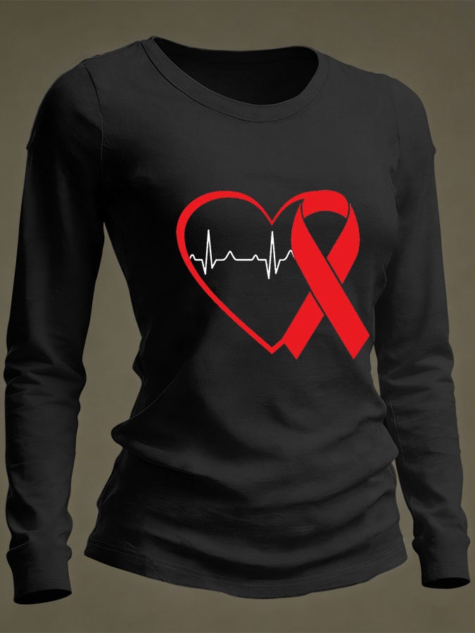 Women's Casual Heart Disease Awareness Print Long-Sleeve T-Shirt