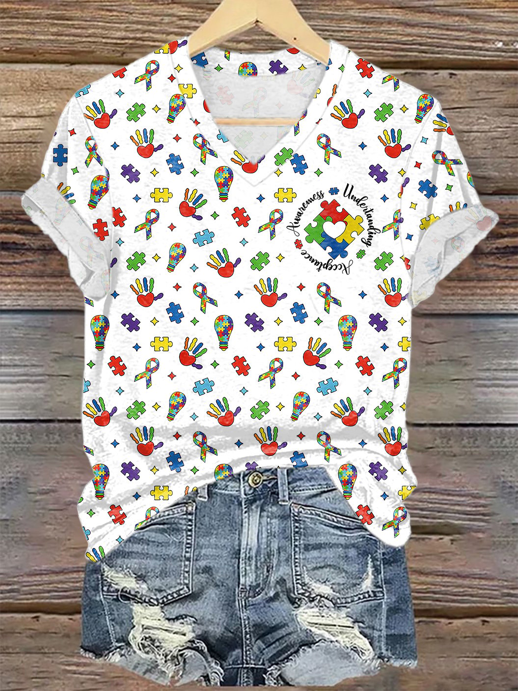 V-Neck Retro Autism Awareness Puzzle Awareness Understanding Acceptance Print T-Shirt