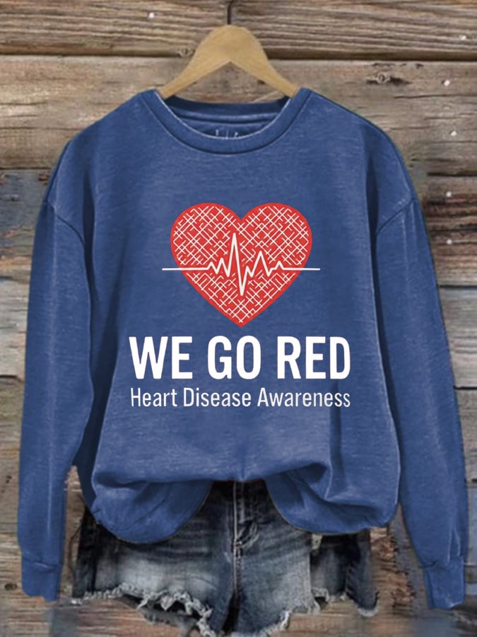 Women's Casual Heart Disease Awareness In February Wear Red Printed Long-Sleeve Sweatshirt