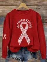 Women's Casual Heart Disease Awareness Printed Long-Sleeve Sweatshirt
