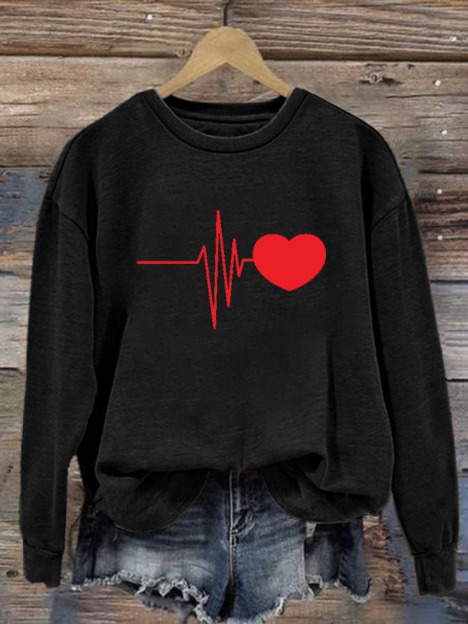Women's Casual Heart Disease Awareness In February Wear Red Printed Long-Sleeve Sweatshirt