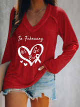 Women's Casual Heart Disease Awareness Printed Long Sleeve Top