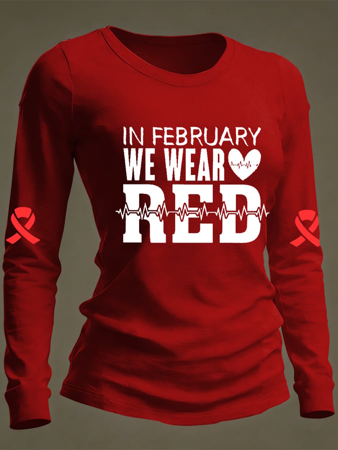 Women's Casual Heart Disease Awareness Print Long-Sleeve T-Shirt