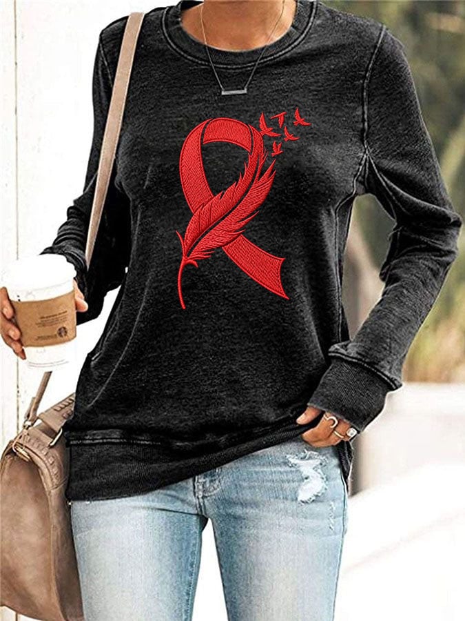 Women's Sweatshirt With Heart Disease Awareness Red Ribbon Print