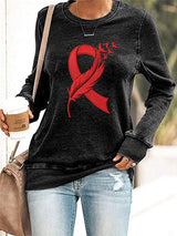 Women's Sweatshirt With Heart Disease Awareness Red Ribbon Print