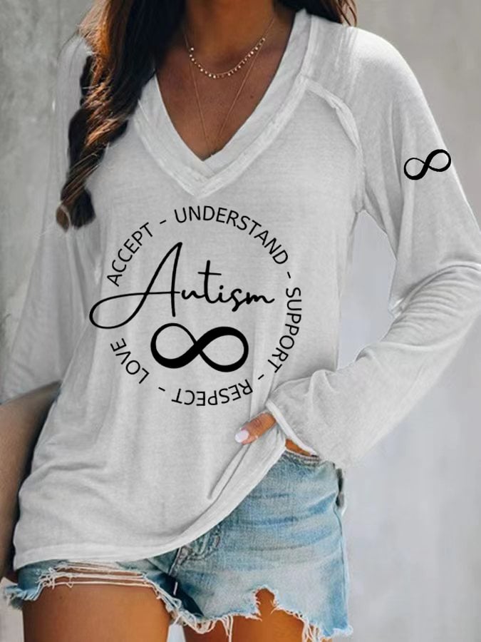 V-neck Retro Autism Print T-Shirt